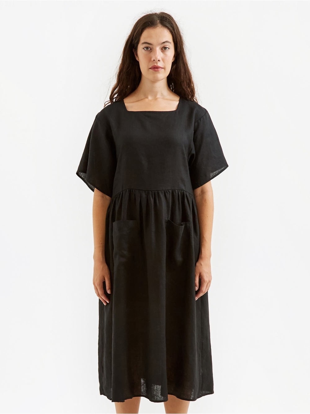 Black Square-Neck Linen Midi Dress